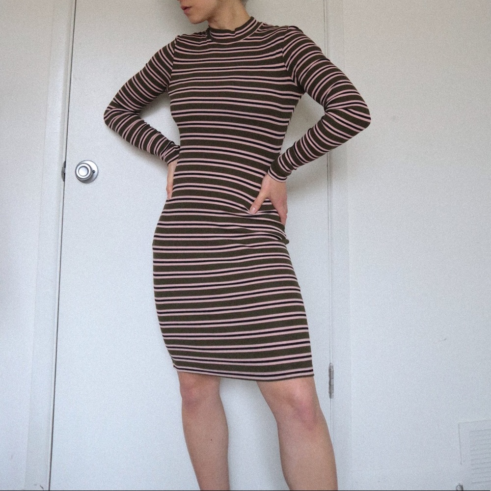AMERICAN APPAREL Stripe 2x1 Mock Neck Rib Dress M